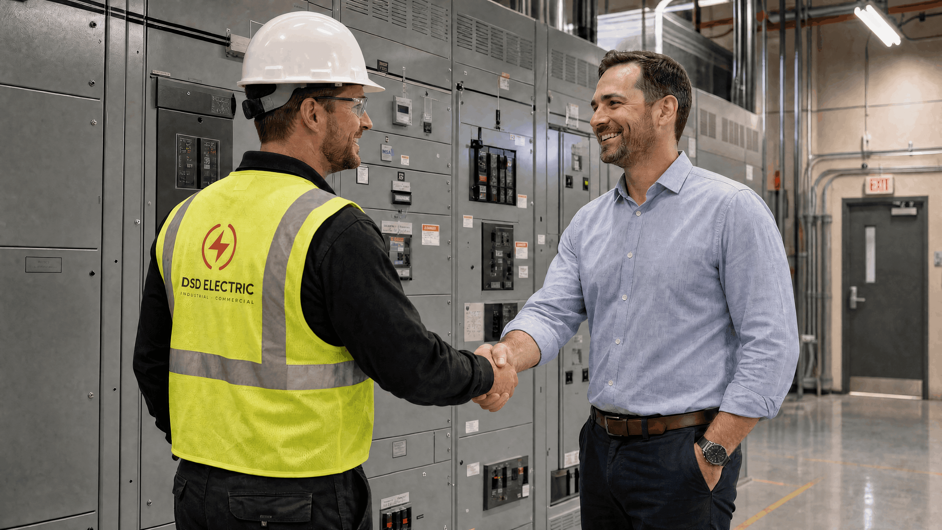 A DSD Electric electrician shaking hands with a client in front of a switchgear lineup.